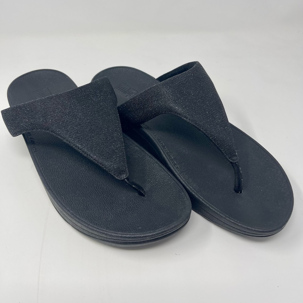 FitFlop Size 8 Women’s Black Lulu Shimmer Wedge Flip Flops Comfort Sandals